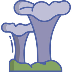 Two abstract trumpet chanterelle mushrooms with blue outlines and purple caps sit on green ground against a transparent background