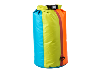 Colorful waterproof dry bag with rolled top closure and buckle, ideal for outdoor adventures like kayaking and camping, showcasing vibrant blue, green, orange and red panels for visibility.