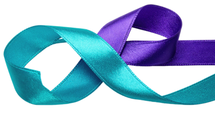 Two intertwined ribbons teal and purple, forming a loop on a stark black background