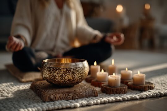 Woman meditating in a tranquil space with a decorative singing bowl and candles