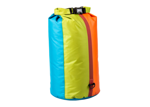 Colorful waterproof dry bag with rolled top closure and buckle, ideal for outdoor adventures like kayaking and camping, showcasing vibrant blue, green, orange and red panels for visibility.