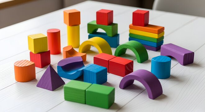 A vibrant collection of colorful wooden toy blocks scattered on a surface