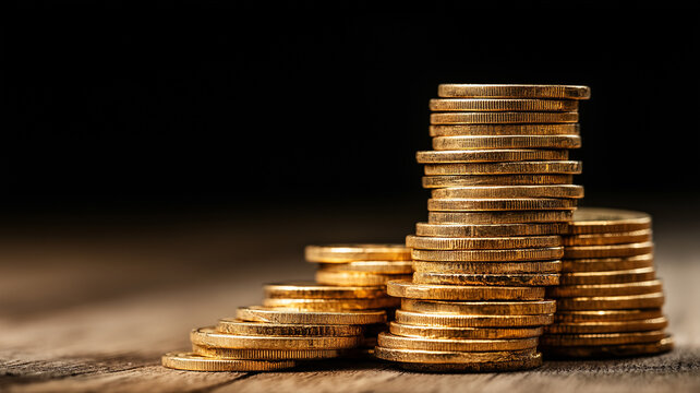 Glistening gold coins form a tall stack on aged wood, reflecting warm light in a cozy setting Generative AI