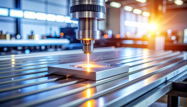 Laser cutting machine precisely cutting a metal plate in a factory setting, with bright light emitting from the cutting point.