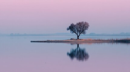 A solitary tree stands on an island in a calm lake, with a pink and purple sky in the background.