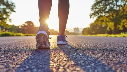 Close-up of a person walking on an asphalt road, sunlight shining between their legs.