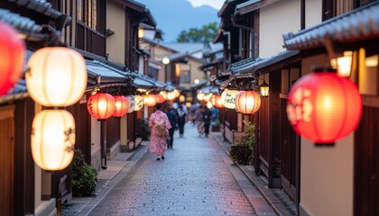 Naklejka premium A woman in a kimono walks down a narrow Japanese street lined with traditional buildings and glowing paper lanterns.