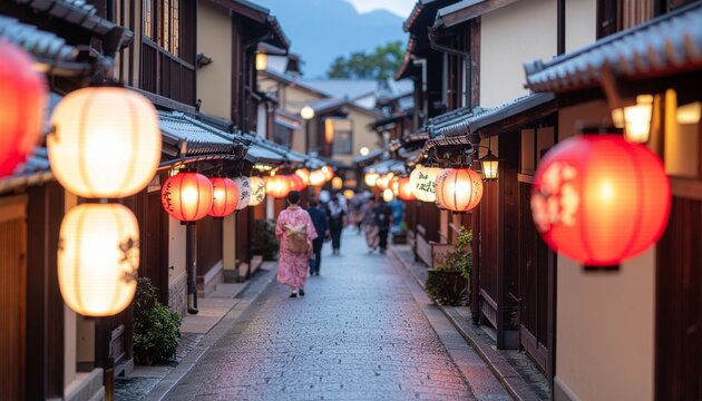 A woman in a kimono walks down a narrow Japanese street lined with traditional buildings and glowing paper lanterns.