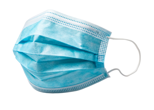 Disposable blue surgical mask with pleats and ear loops for protection against airborne particles, ideal for healthcare and everyday use against pollution and viruses