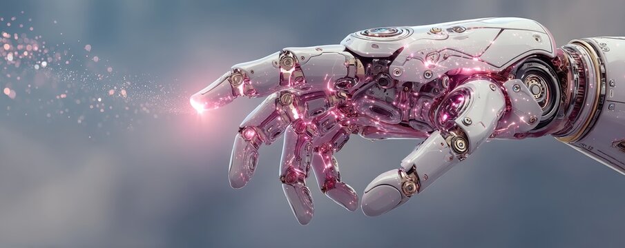 Futuristic robotic hand reaching forward with pink glow in digital sci fi artwork