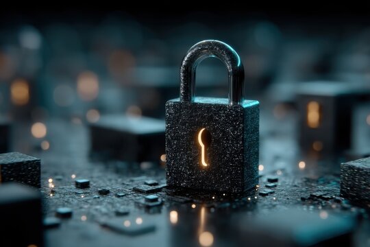 Open glitter padlock in a digital, futuristic scene symbolizing cyber security and protection - Powered by Adobe