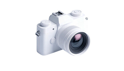 A white digital camera with lens, flash mount, and dials against black