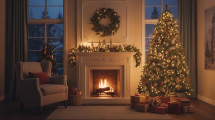 Cozy christmas living room with fireplace and decorated tree