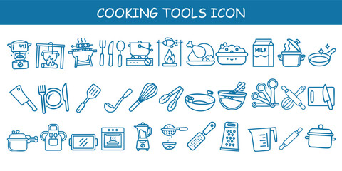 cooking tools icon set in clean line art style featuring kitchen utensils, cookware, appliances, and food prep elements. Perfect for menus, branding, recipe apps, packaging, and trendy culinary design