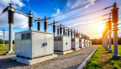 Electrical substation with transformers and power lines against a blue sky with sunlight.