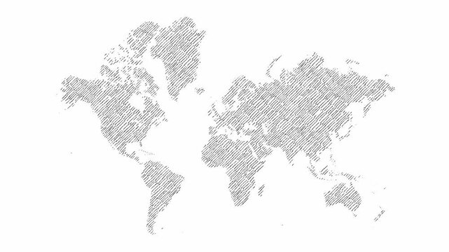 World map hatch hand drawn sketch on white background. Freehand Sketch map, vintage hand drawn map. 16:9 Motion Graphic 4k video.