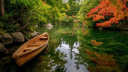 A wooden canoe floating on a tranquil river, surrounded by lush greenery and vibrant autumn leaves, with a clear reflection in the water.