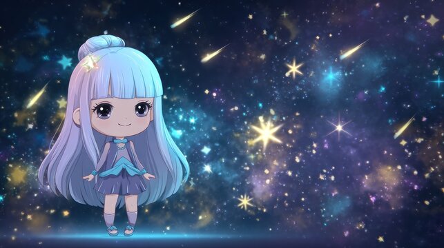 A cute, blue-haired girl with long hair, wearing a blue dress, standing in front of a starry, cosmic background with shooting stars.