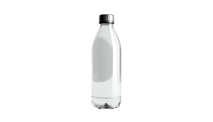 A sleek, isolated water bottle with a silver top and rounded clear body