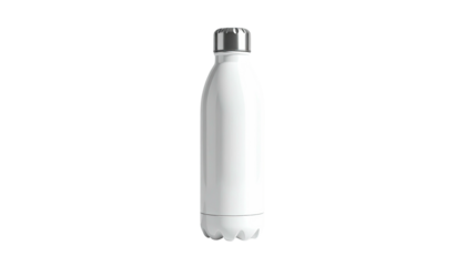 Isolated white, stainless steel water bottle with a silver cap against a black background
