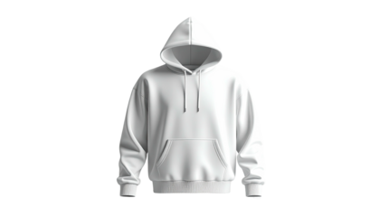 A pristine white hooded sweatshirt, isolated on a black background, front view