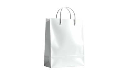 Isolated, gleaming white shopping bag with string handles, against a black backdrop