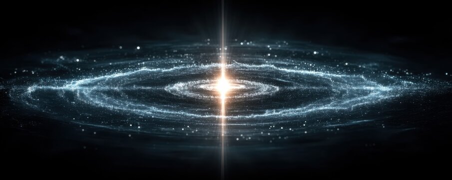 Abstract blue cosmic spiral with glowing center and radiant sound waves in dark space