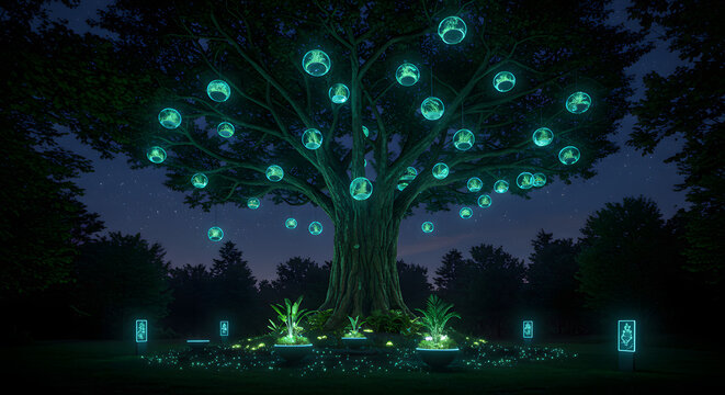 Mystical ancient tree with glowing teal orbs and luminous plants in a dark, enchanted forest at night