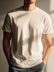 A man standing with their front to the camera, wearing an organic unisex T-shirt