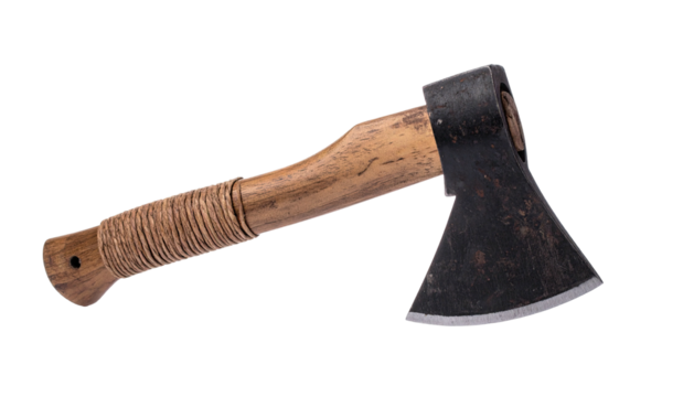 A wooden handled, rusty axe with a wrapped grip. Isolated on black background