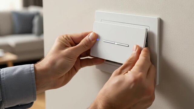 Installing modern electrical switch on a wall close up