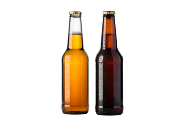 Two refreshing condensationcovered beer bottles, one with golden lager and the other with dark amber ale, perfect for beverage advertising and refreshment themes.