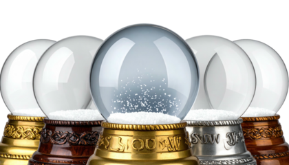 Five decorative snow globes with ornate bases, one holding falling simulated snow