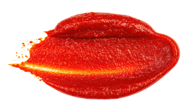 Close-up of a vibrant red, textured, sauce blot against a black background