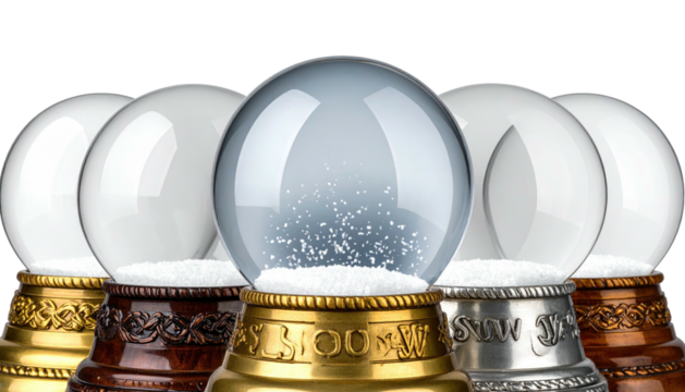 Five decorative snow globes with ornate bases, one holding falling simulated snow