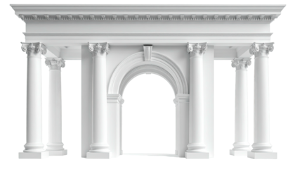 Classical architectural facade with columns, arch, and ornate details, white on black