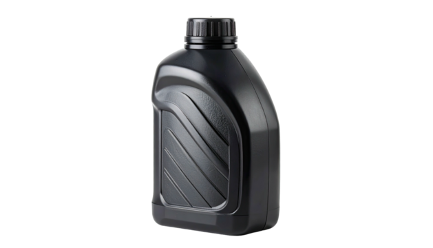 Black engine oil bottle against a black background, angled, sleek, modern