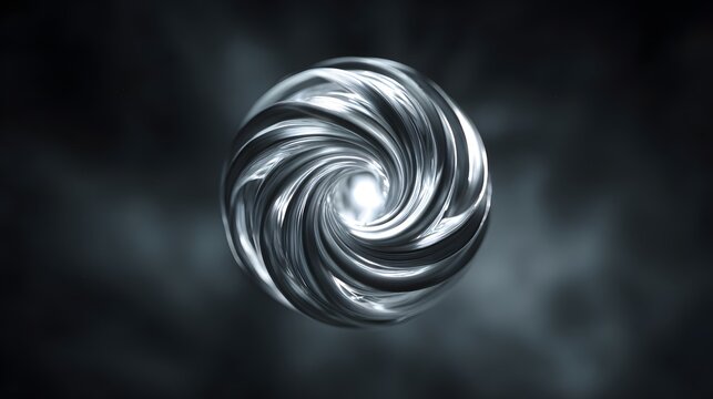 Abstract metallic torus shape exhibits swirling liquid texture against a dark background