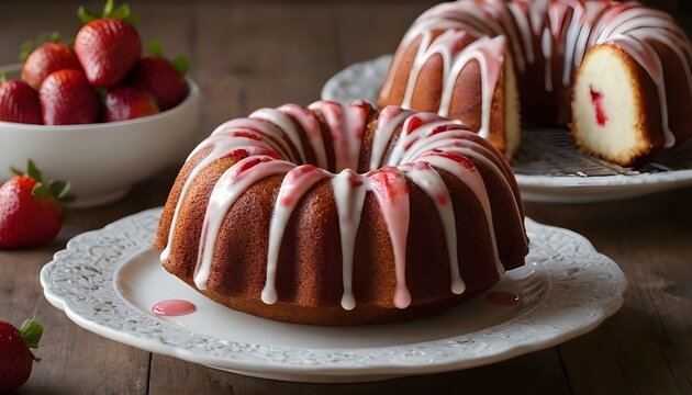 strawberry swirl bundt cake on a plate