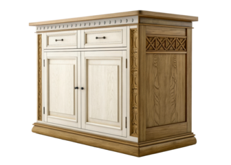 Antique wooden cabinet with decorative carvings and metal hardware, perfect for interior decor and furniture concepts