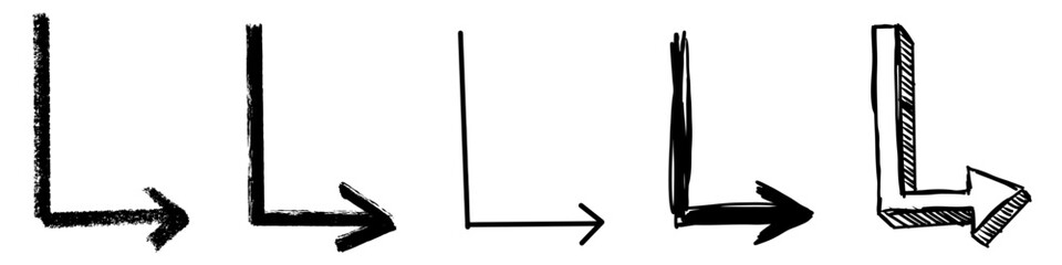 Set Turn Arrow in Different Style Draw Vector A collection of hand-drawn turn and curved arrows in various marker and sketch styles, ideal for informal flowcharts, navigation, and directional emphasis