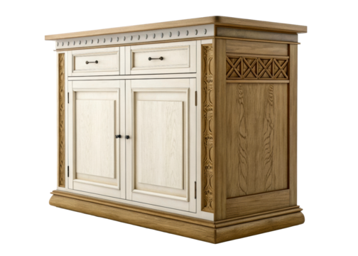 Antique wooden cabinet with decorative carvings and metal hardware, perfect for interior decor and furniture concepts