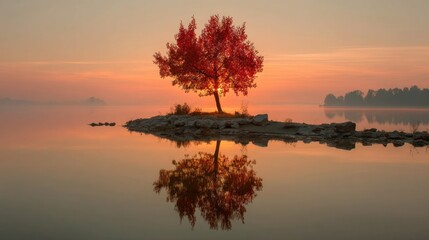 A solitary tree with vibrant red leaves stands on a rocky island in a calm lake at sunset, reflecting in the water below.