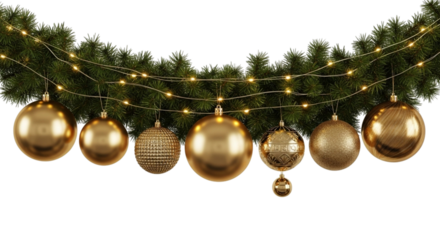 A festive garland of green pine branches decorated with glowing warm white string lights and various shiny golden christmas baubles isolated on transparent background