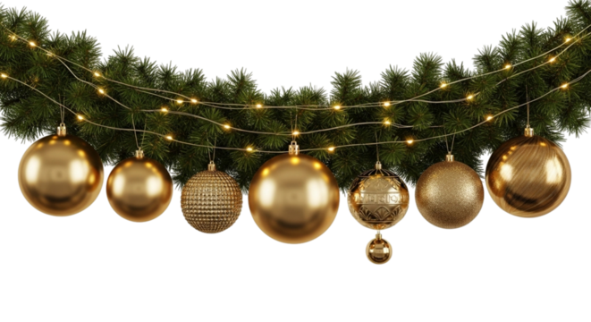 A festive garland of green pine branches decorated with glowing warm white string lights and various shiny golden christmas baubles isolated on transparent background