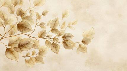 A branch with leaves and a bud, set against a textured beige background with a subtle pattern, evoking a sense of nature and tranquility.