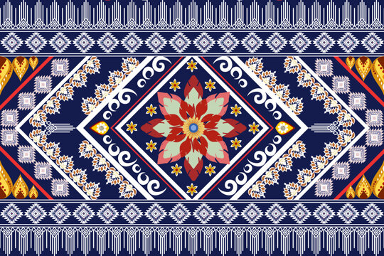 traditional thai style fabric  Elegant navy blue floral and geometric seamless pattern combining delicate flowers with modern geometry shapes. Features a stylish deep blue color palette, 