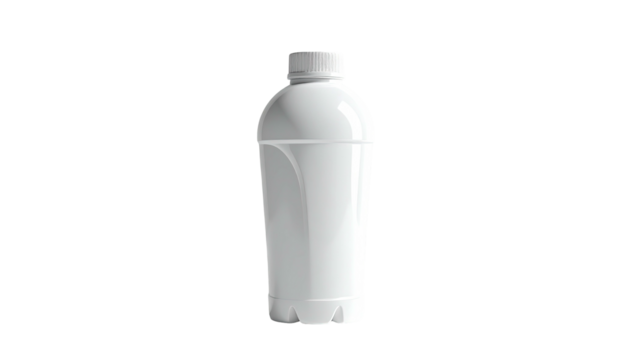 A white, sleek, plastic bottle, with a twist-off cap, set against black