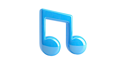 Shiny, blue, 3D-rendered musical note against a black background