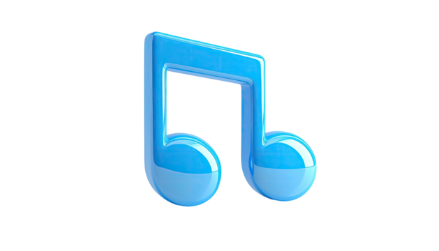 Shiny, blue, 3D-rendered musical note against a black background